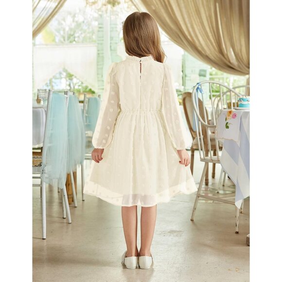 Girls Beige A-line Midi Dress with Ruffle Collar & Flared Sleeves - Sizes 5-13 - Picture 6 of 8